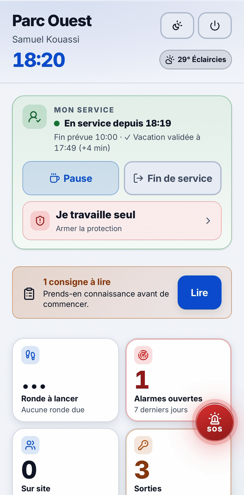 Accueil de l'application Sentrion Agent : service en cours, protection à armer, consigne à lire, rondes, alarmes et sorties du site