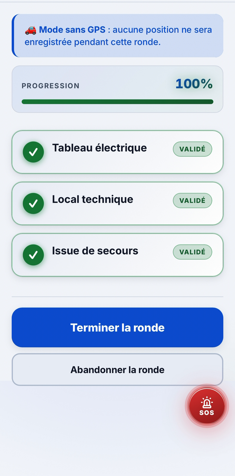 Ronde terminée dans l'application : trois points validés au tag NFC, prête à être close