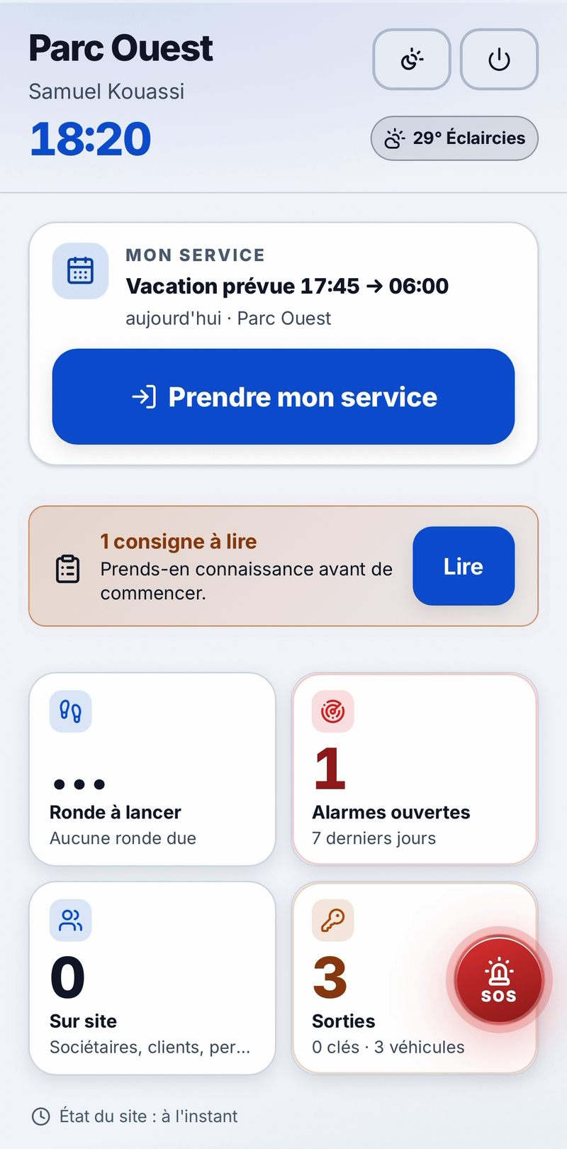 Carte « Mon service » avant l'arrivée : la vacation prévue et le bouton « Prendre mon service »