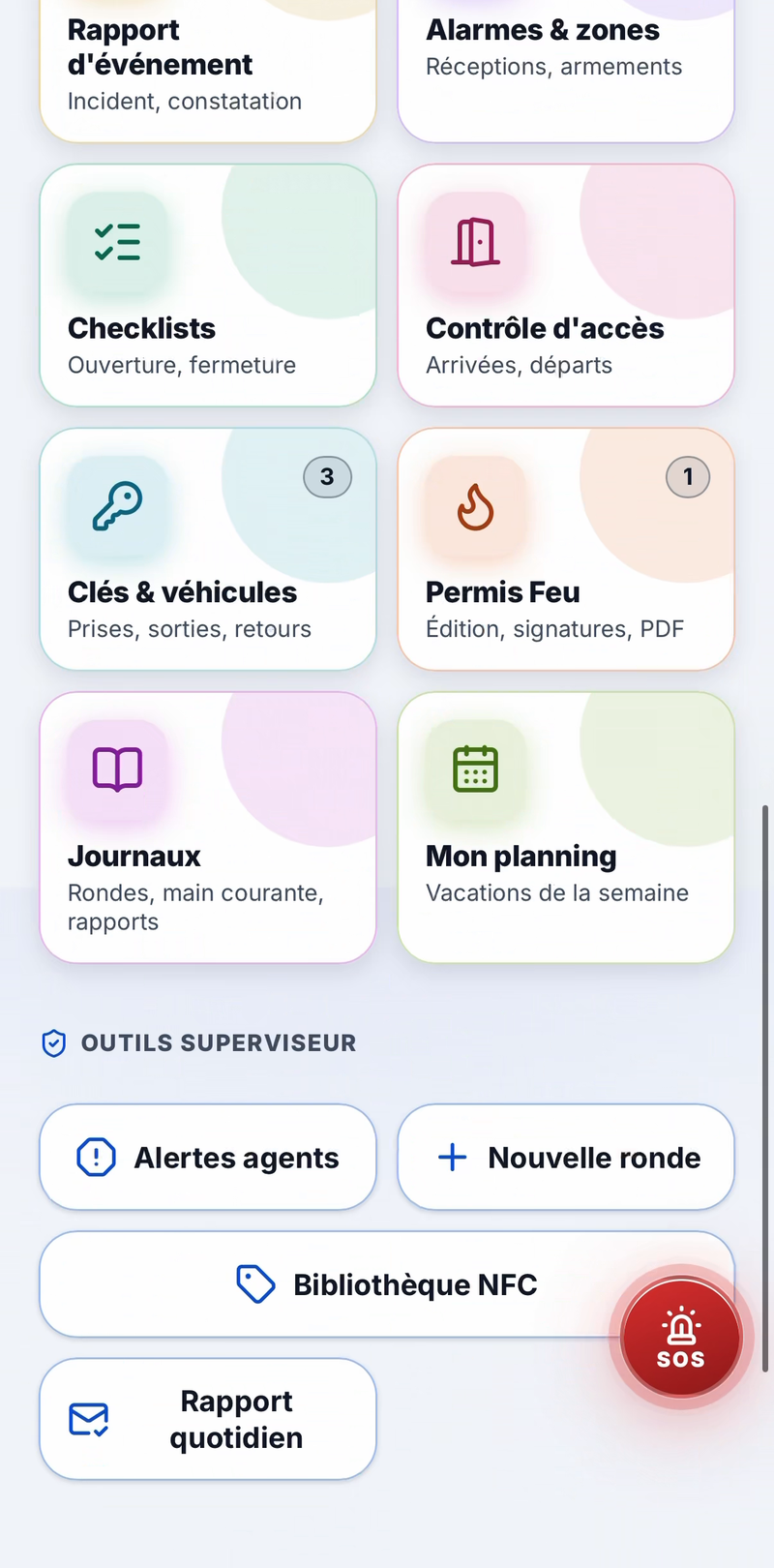 Suite de l'accueil de l'application : consignes, rondes, rapports, alarmes, checklists, contrôle d'accès, clés et véhicules, permis feu, journaux et planning