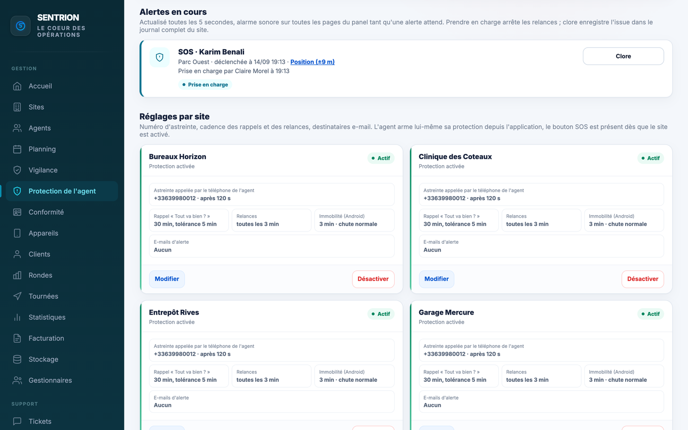 Page Protection de l'agent du panel : une alerte prise en charge, puis les réglages de chaque site (astreinte, rappels, relances)