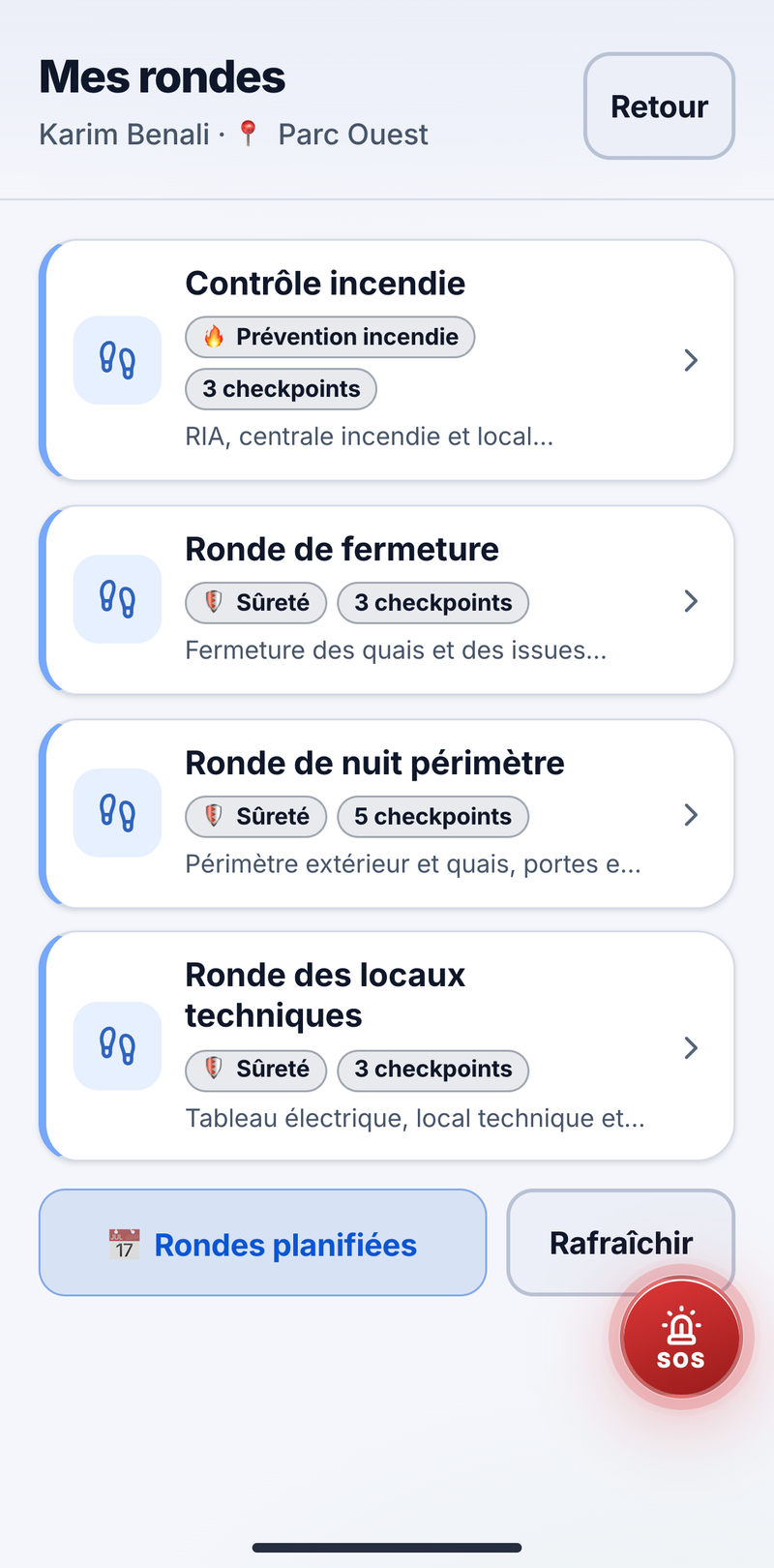 Rondes du site dans l'application, avec leur catégorie et leur nombre de points
