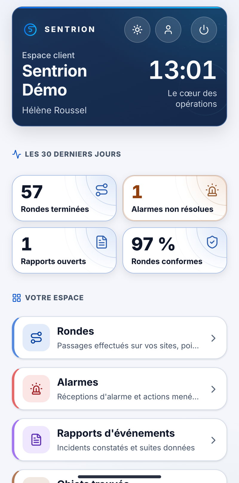 Accueil de l'espace client dans l'application : chiffres des 30 derniers jours, puis Rondes, Alarmes, Rapports d'événements et Objets trouvés