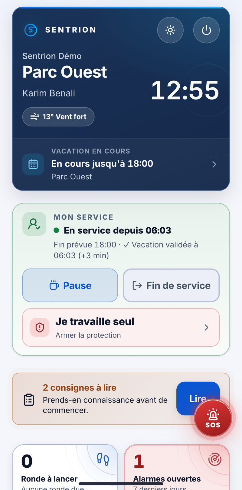 Accueil de l'application Sentrion Agent : panneau du site avec l'heure et la météo, vacation en cours, service pris, protection à armer, consignes à lire