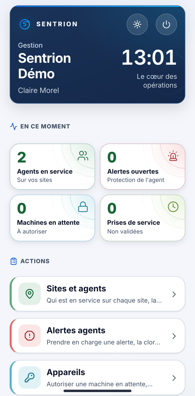 Accueil du responsable dans l'application : agents en service, alertes ouvertes, machines en attente, prises de service, puis les actions