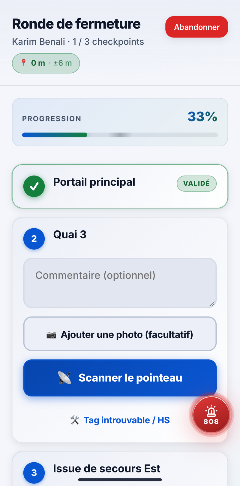 Ronde en cours dans l'application : un point validé au tag NFC, le suivant à scanner, la distance au point affichée en haut