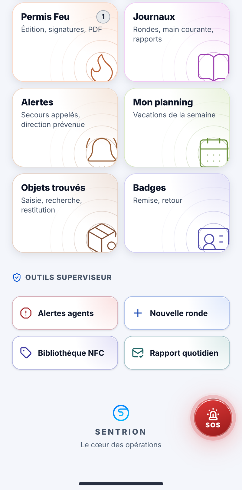 Accueil de l'application pour un superviseur : outils « Nouvelle ronde », « Bibliothèque NFC », « Alertes agents » et « Rapport quotidien »
