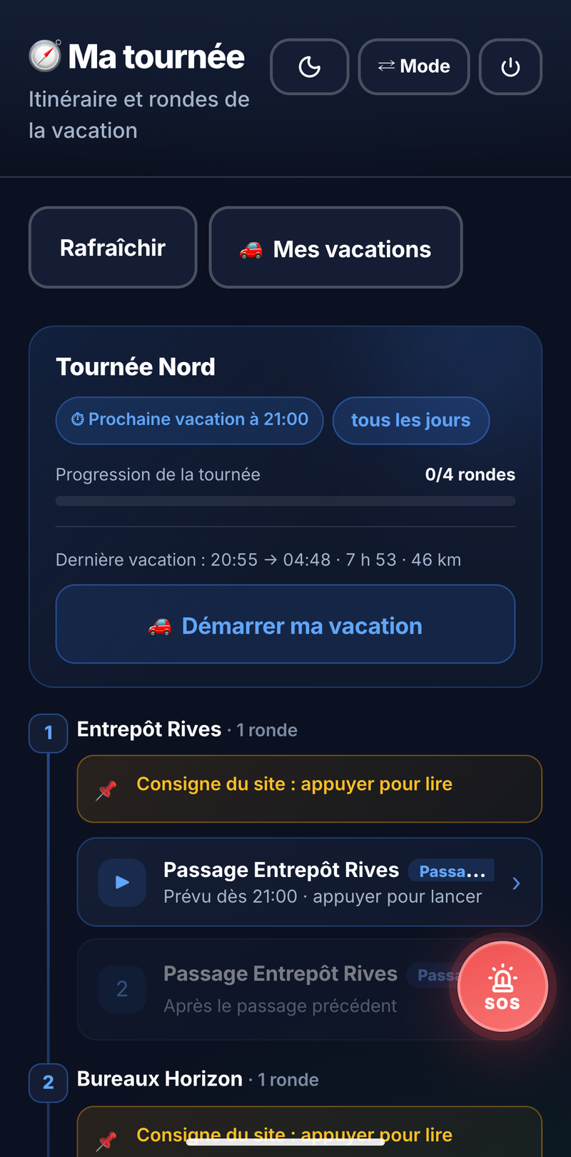 Tournée du rondier dans l'application : prochaine vacation, relevé de la dernière vacation, puis les sites dans l'ordre avec leurs consignes et leurs rondes