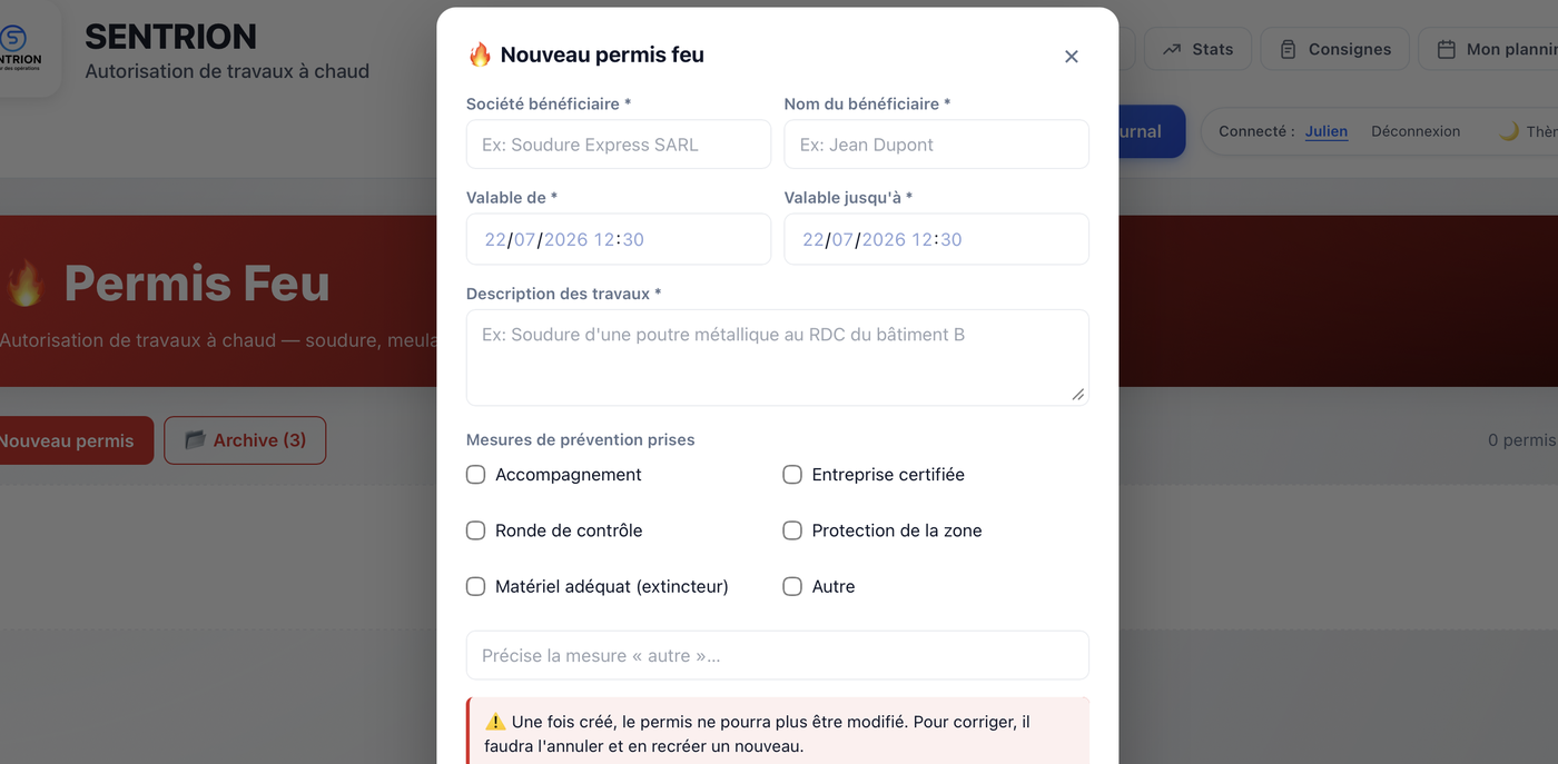 Édition d'un permis feu dans SENTRION