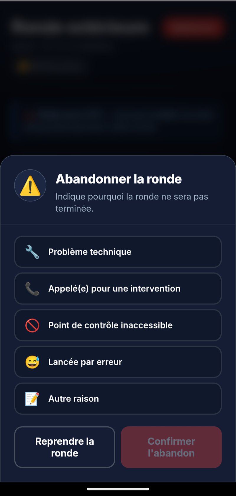 Abandon justifié sur l'app Android