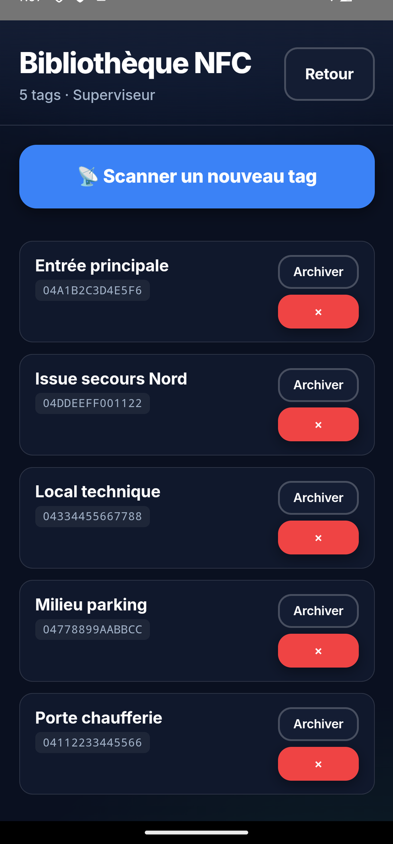 Bibliothèque de tags NFC du superviseur
