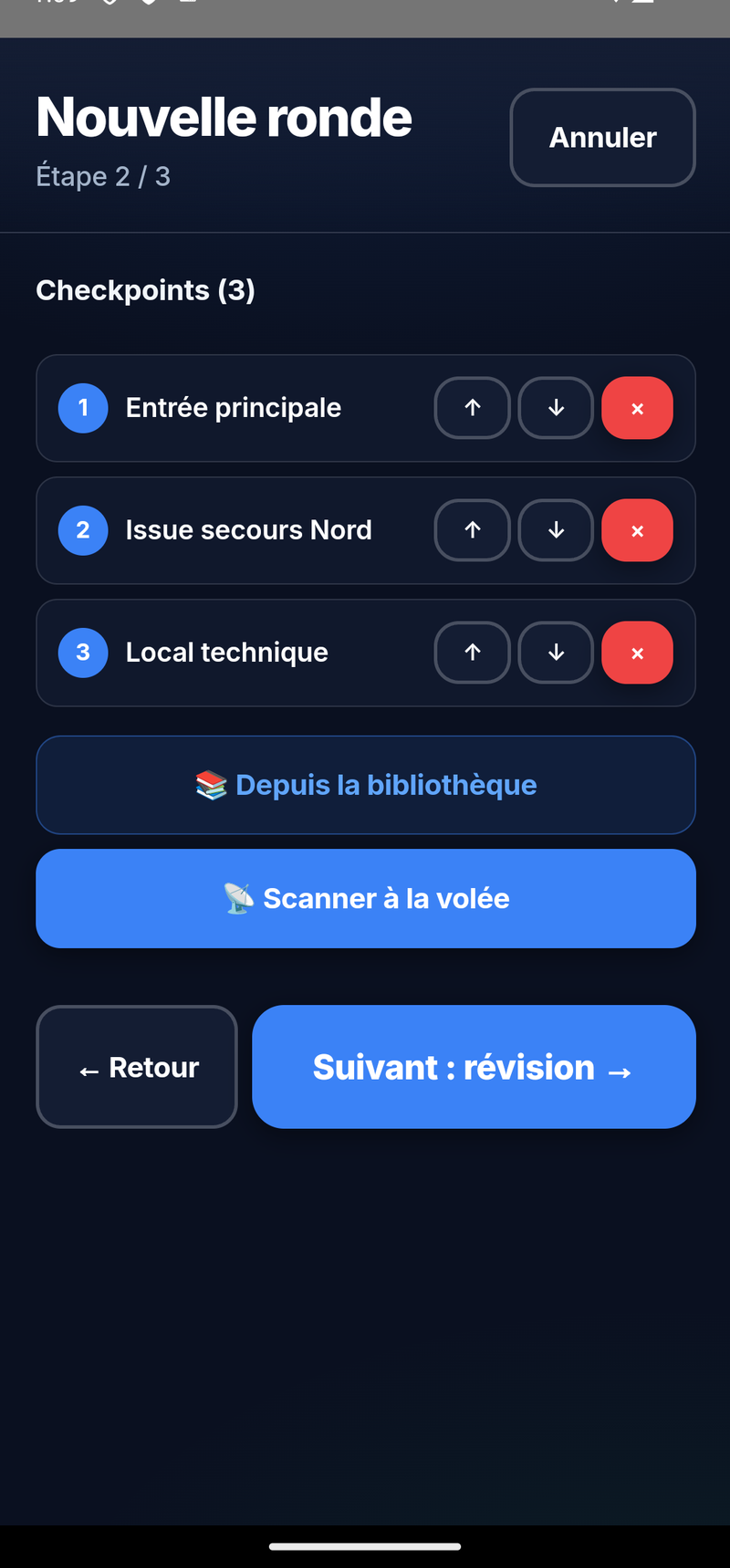 Ajout de checkpoints à la ronde depuis la bibliothèque ou via scan à la volée