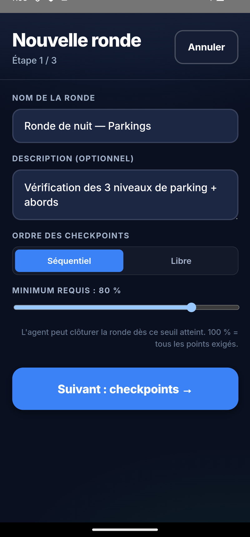 Création d'une ronde depuis l'app : étape de configuration