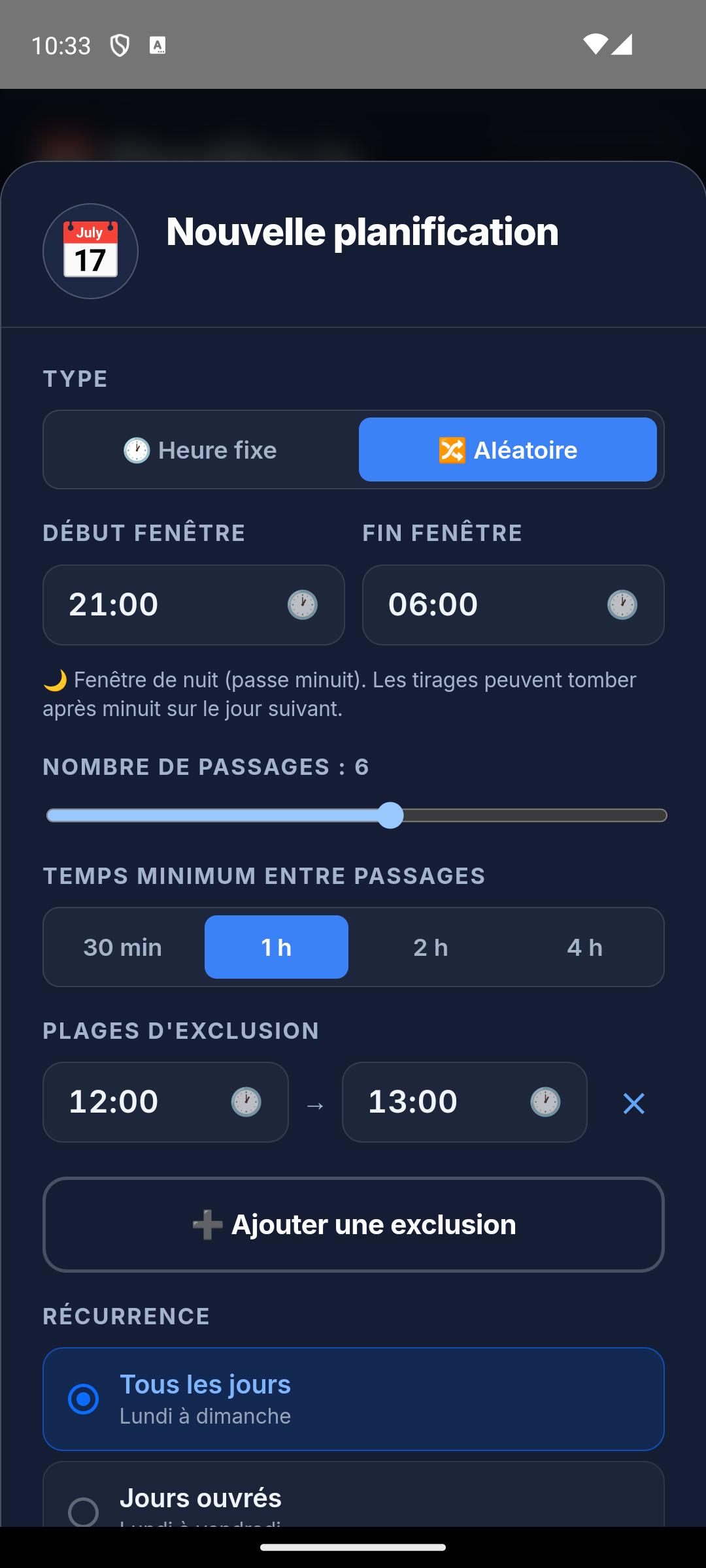 Création d'une planification aléatoire avec fenêtre de nuit dans Sentrion Agent