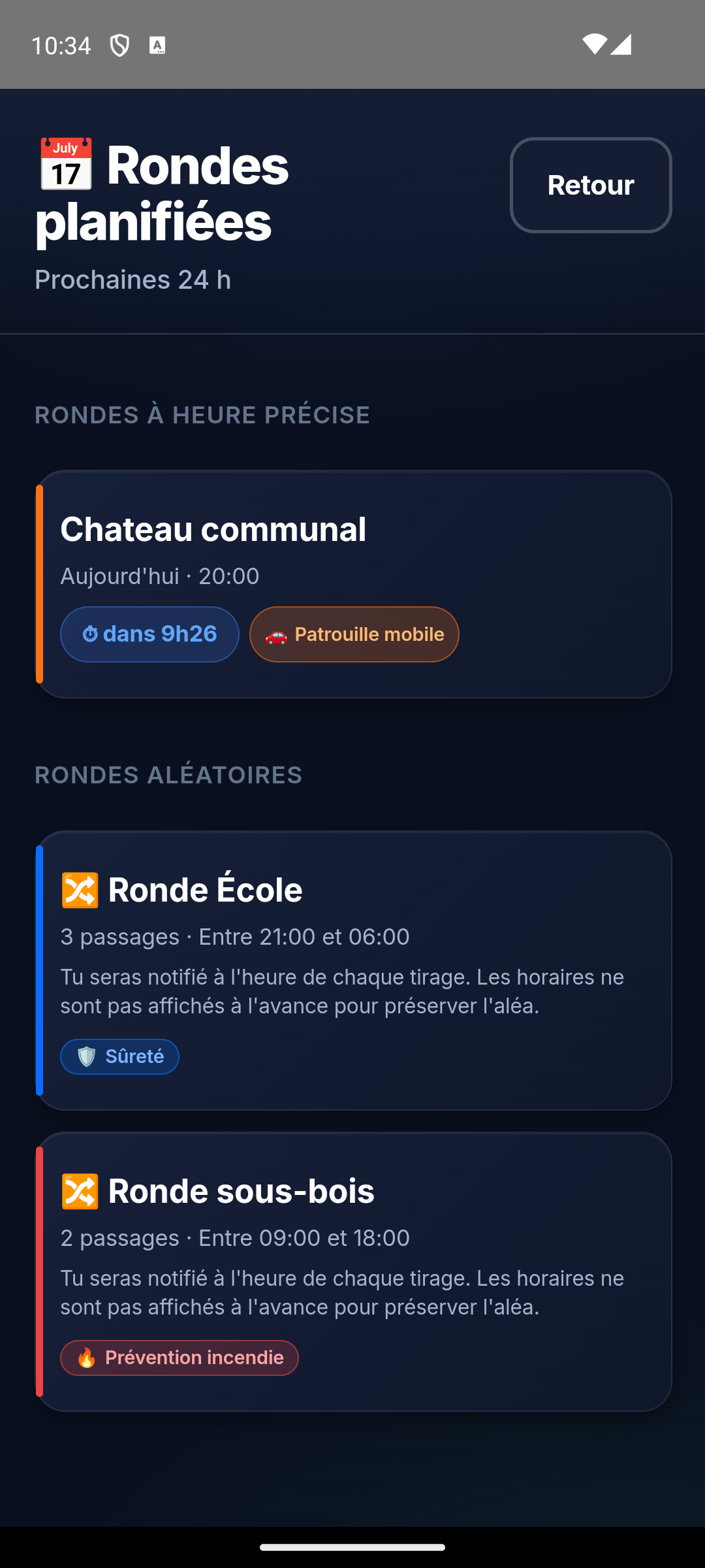 Vue agent des rondes planifiées dans Sentrion Agent
