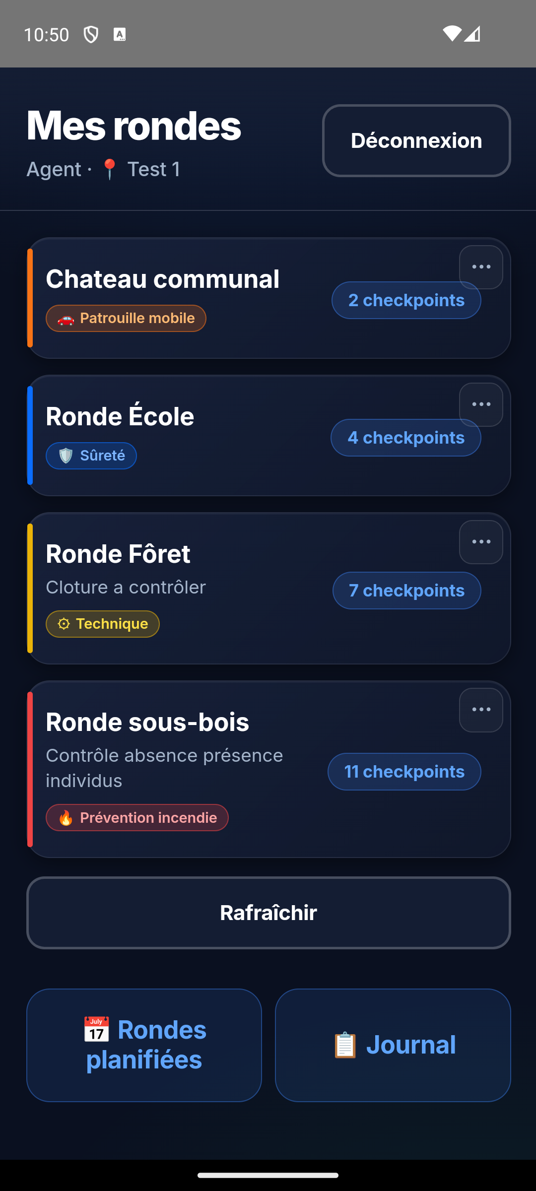 Liste des rondes catégorisées dans Sentrion Agent : Prévention incendie, Sûreté, Technique, Patrouille mobile