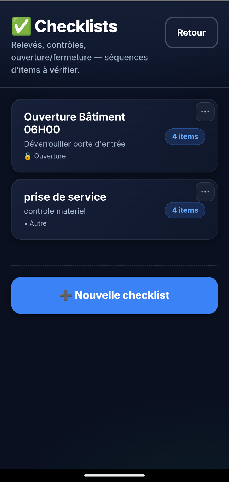 Checklists sur l'application Sentrion Agent