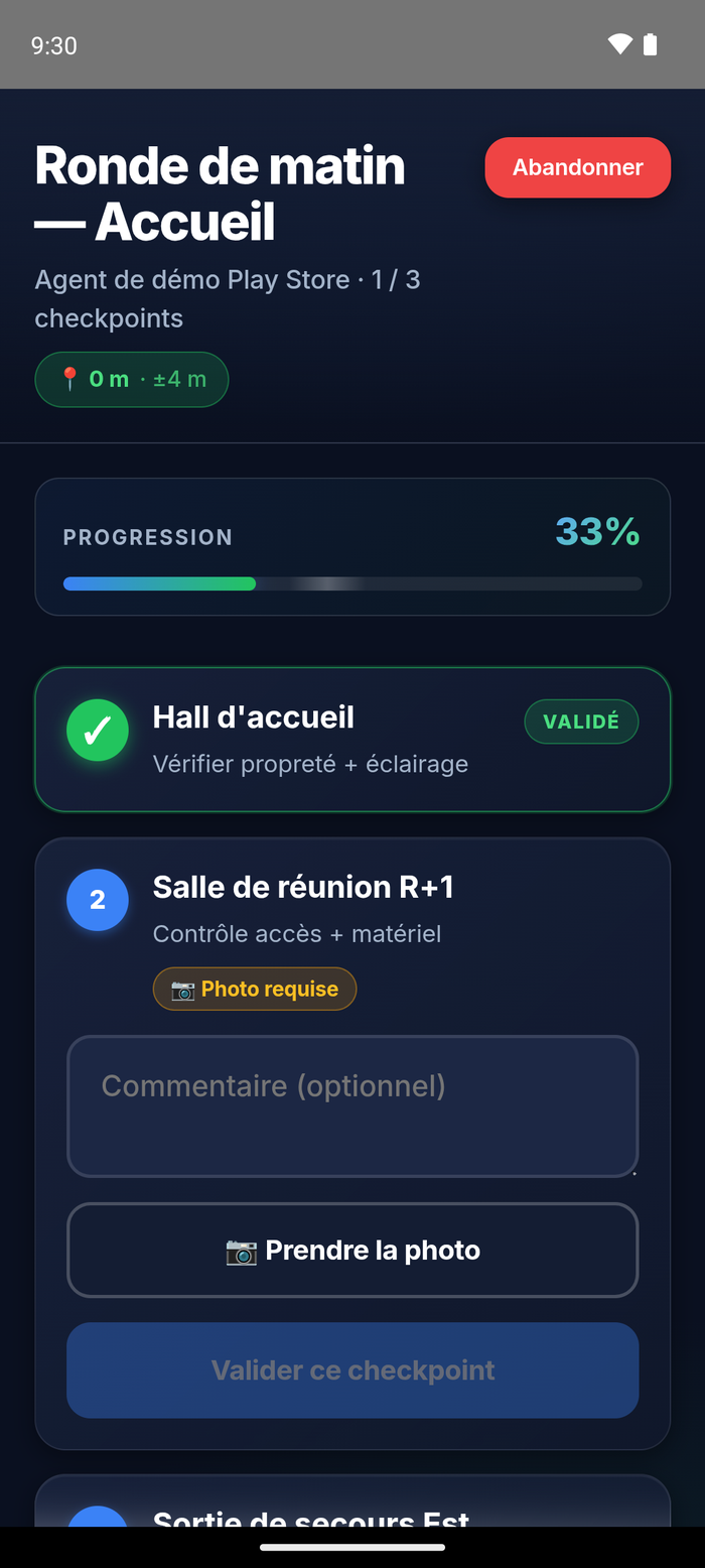 Ronde en cours sur l'application Android native Sentrion Agent