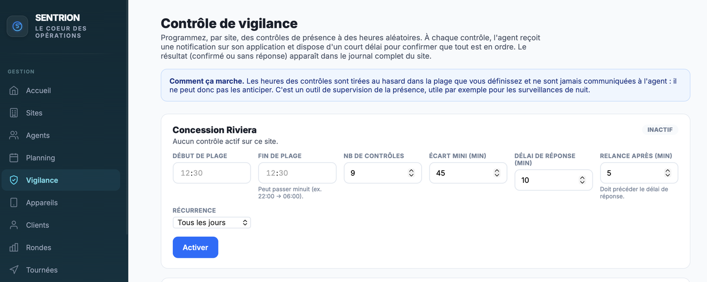 Configuration du contrôle de vigilance dans le panel entreprise
